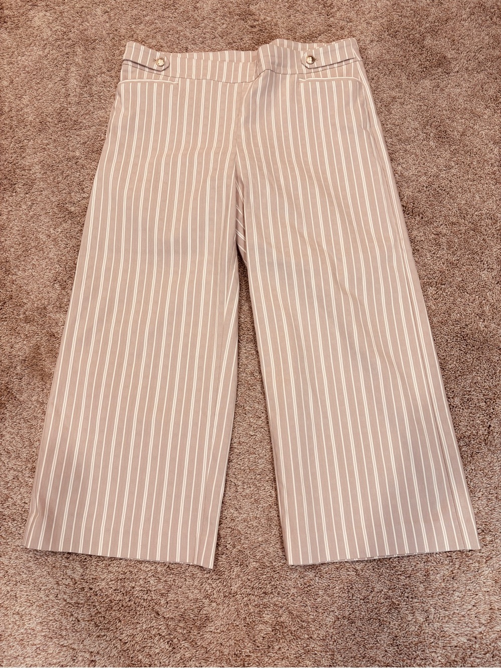 Chico’s khaki white striped wide leg cropped pants size 3 women’s 16 rayon blend